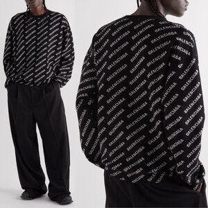 NWT Balenciaga Crewneck Pullover Knit Sweater Black White Mini Logo Allover